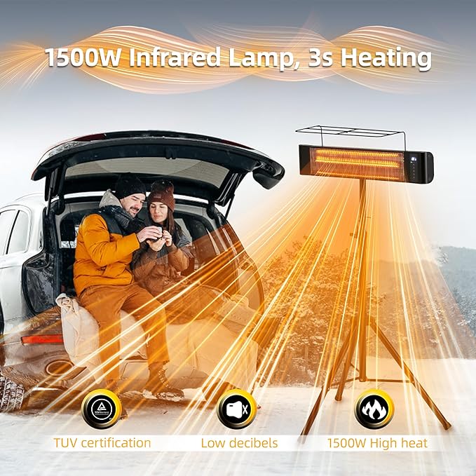 Outdoor Electric Heater For Patio/Indoor Use RealSmart 1500W Portable Heaters 3 Heat Modes Wall Mounted Ceiling Heater Tripod Waterproof IP65 TUV Certification for Restaurant Garage Greenhouse