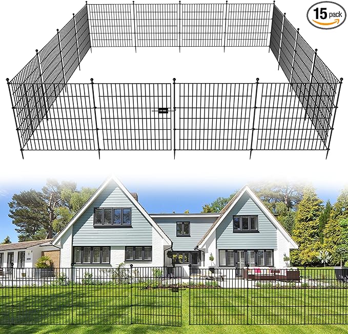15 Panels No Dig Decorative Outdoor Garden Fence with Gate for Yard, 32 in(H) X 35.4 ft(L) Animal Barrier Fencing Rustproof Metal Wire Panel Border for Dog, Rabbits, and Patio Temporary Ground Stakes
