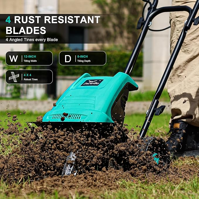 13.5 Amp 12 Inch Electric Tiller/Cultivator with 4 Steel Tines, 8'' Tilling Depth Small Garden Tiller for Gardening, Corded Rototiller with Adjustable Wheels