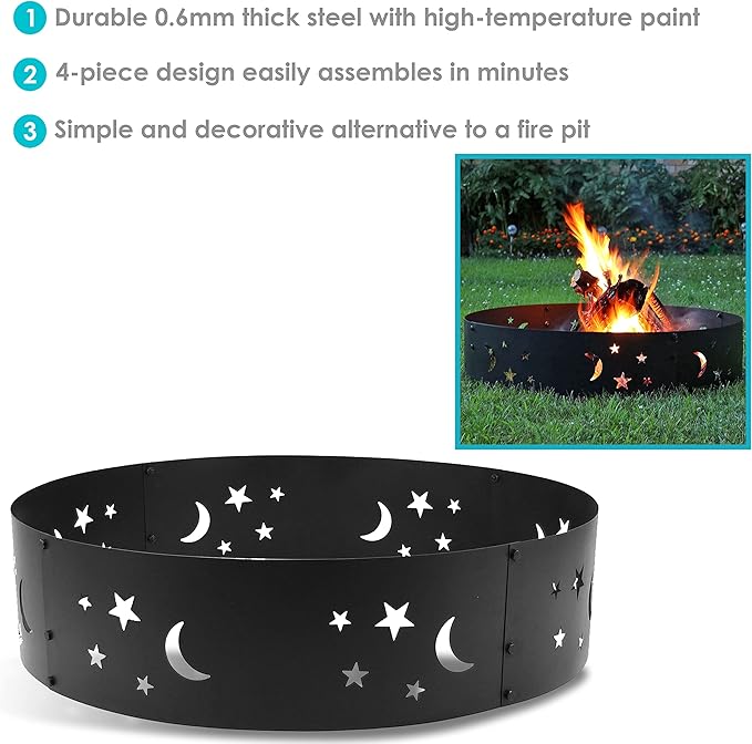 Sunnydaze 36-Inch Outdoor Fire Pit Ring - Heavy-Duty Portable Metal Fire Ring - 360-Degree Moons and Stars Cutout - Big Sky