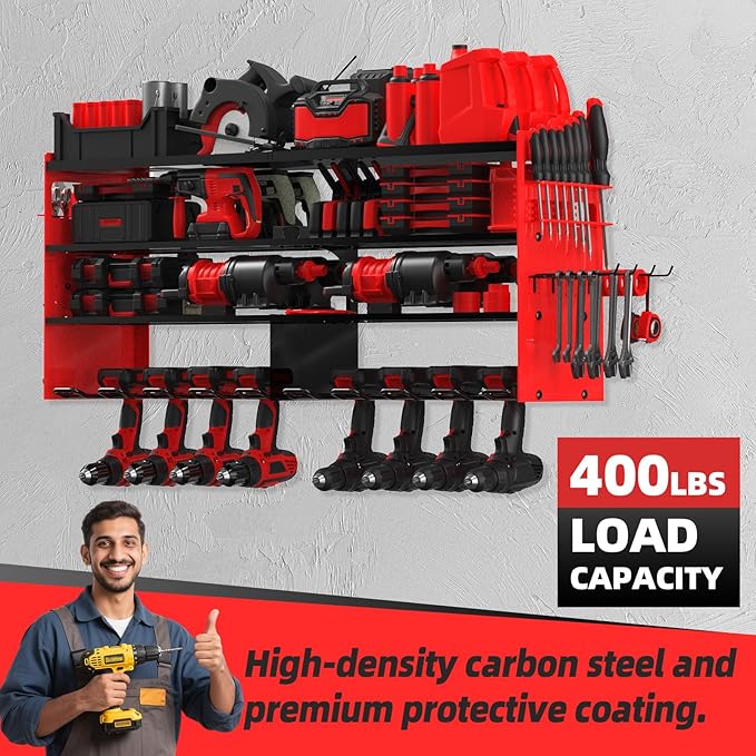 Power Tool Organizer Wall Mount with 8-Drill Holders-400Lbs Load Heavy Duty Metal 4-Layers Garage Storage & Organization Battery Tools Rack with Side Panels Utility Racks Workshop Gifts for Men
