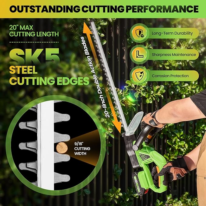 Saker Cordless Hedge Trimmer, 20” 22V Electric Bush Trimmer Handheld Shrub Trimmer, Lightweight Hedge Clippers with Dual-Action Blades, 9/16" Cutting Capacity, 2 Batteries and Charger Included