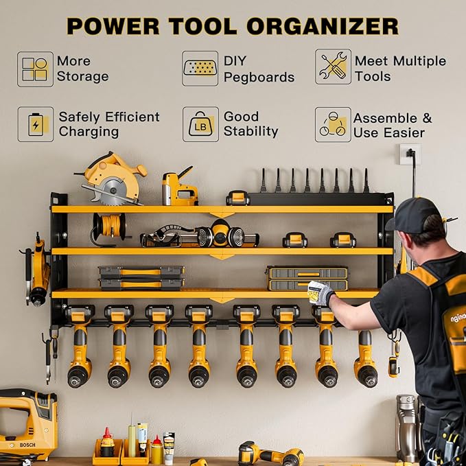 Power Tool Organizer Wall Mount with Charging Station, 8 Drill Holder, 4 Layer Storage Rack for Garage Organization, Tool Holder with 8 Outlet Power Strip (Yellow)