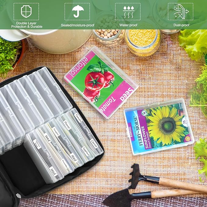 16 Slots Seed Storage Organizer Box with Zipper Bag Stickers, Big Capacity Oxford Cloth Seed Container use for Seed Packets, Garden Seed Storage Organizer for Seeds, Plant, Vegetable (White)