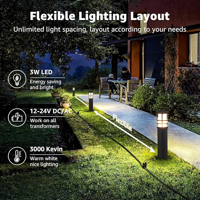 SUNVIE All-in-One LED Landscape Lighting Kit, 8-Pack Low Voltage Pathway Lights with Transformer and 100FT 16/2 AWG Wire, 3000K Waterproof Landscape Lights with Connectors for Walkway Garden Yard