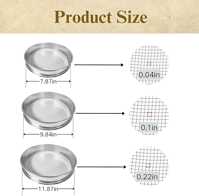3PCS Soil Sifter Set with 0.04”,0.1”,0.2” Mesh, for Sifting Soil, Sand, Rock and Compost