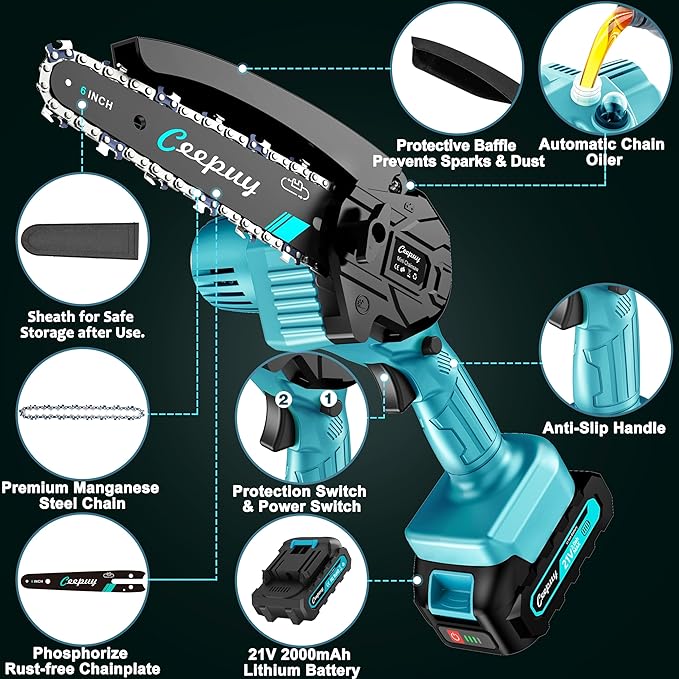 Mini Chainsaw Cordless,6 Inch Portable Electric Chain Saw, Automatic Oiler, Battery Powered Small Handheld Saw, Security Lock Trees Branches Trimming,Wood Cutting, 2 Batteries 3 Chains 2025