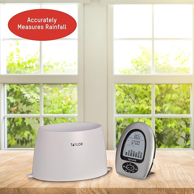 Taylor Wireless Digital Rain Gauge and Thermometer, Measure and Monitor Precipitation, Indoor Outdoor Thermometer, Easy-to-Read Display for Home, Office, Greenhouse, and Indoor Areas, 5-inch, White