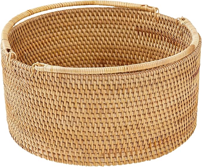 11"×11"×5" Rattan Picnic Basket with Handles, Large Round Gift Basket, Hand-Woven Basket for Fruit, Empty Gift Basket for Festival, Wedding, Camping