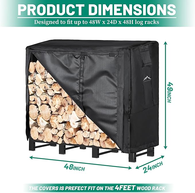 Himal 4ft Waterproof Firewood Cover, Heavy Duty 600D Oxford Outdoor Storage Wood Rack Cover with Buckle (Log Rack not Included)