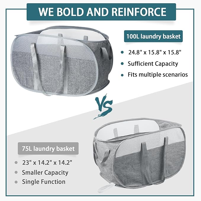 100L Collapsible Laundry Baskets, Tear Proof Pop Up Laundry Hamper with Dual Handles, Large Foldable Laundry Basket, Easy to Carry Laundry Hamper for Home, Laundry Room, Bedroom, Dorm, Travel Grey