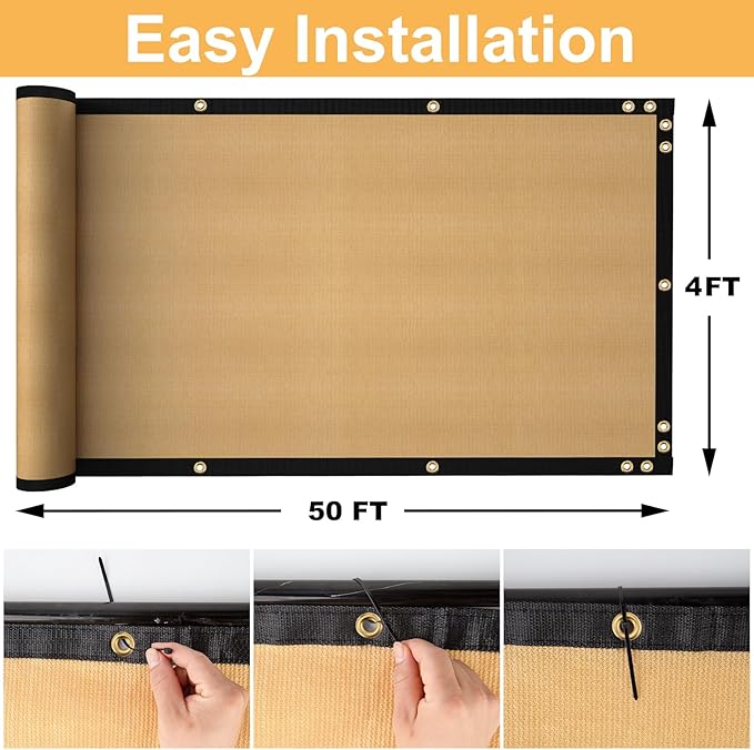 SPORTYOUTH 4ft x 50ft Fence Privacy Screen, Heavy Duty 150 GSM Fencing Mesh Shade Cover Windscreen with Brass Grommets & Cable Zip Ties for Outdoor Wall Garden Backyard Porch - Beige