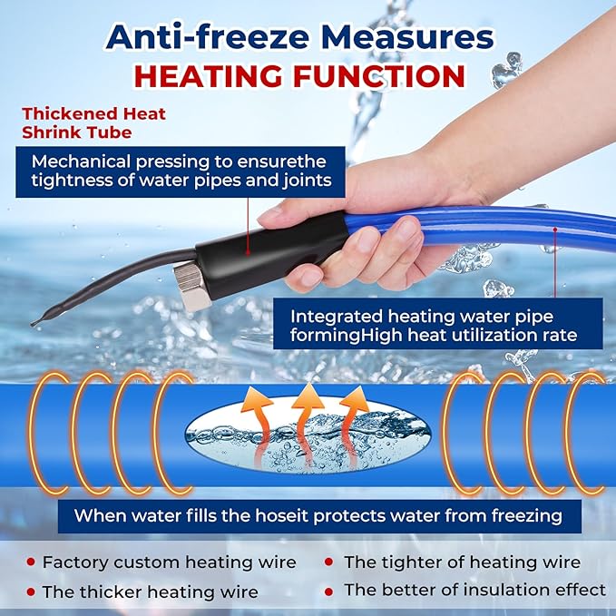100FT Heated Water Hose for RV,-45 ℉ Antifreeze Heated Drinking Garden Water Hose，Electrically Heated Garden Hoses, Rv Accessories