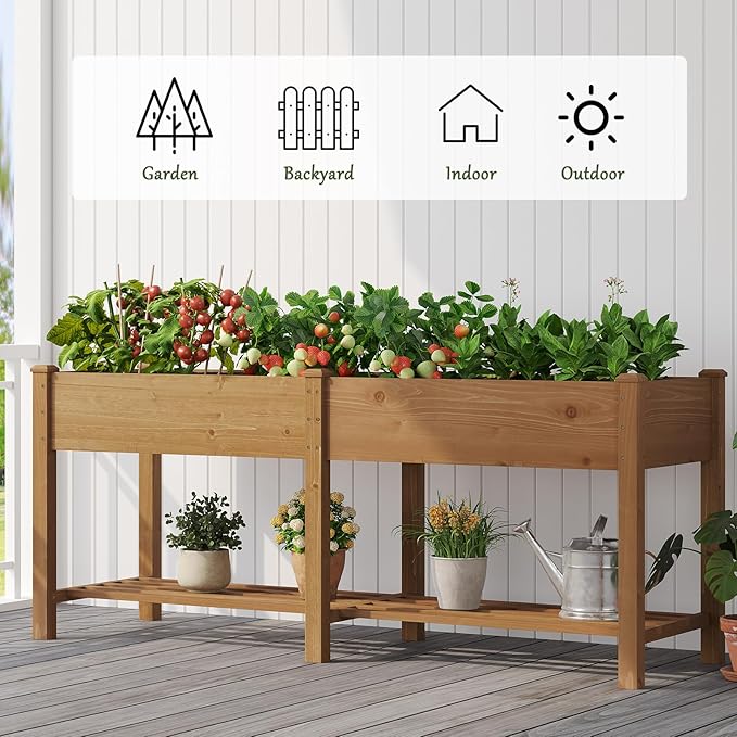 Wooden Raised Garden Bed ，Planter Box with Legs, Wooden Planter -Grow Herbs and Vegetables Outdoors – Naturally Rot-Resistant - Unmatched Strength Lasts Years (Brown-L)