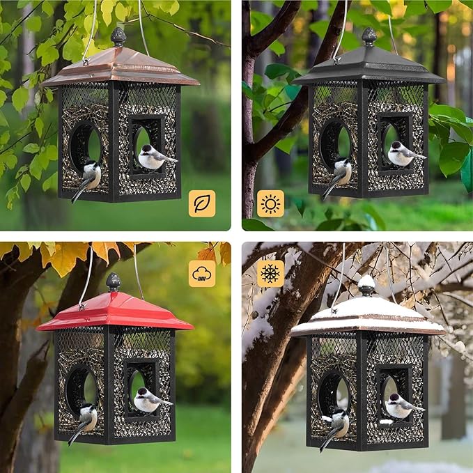 Veehoo Metal Bird Feeder for Outdoors Hanging, Fly Through Wild Birdfeeder Outside, Finch Cardinal Chickadee Feeders for Peanut Sunflower Seed, Red