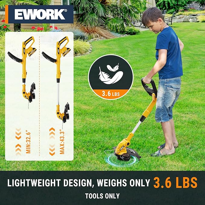 EWORK 20V 12-Inch Electric String Trimmer Cordless, 2.0Ah Battery Powered Weed Eater, 2 in 1 Trimmer and Edger with Auto Line Feed, Electric Weed Wacker for Lawn, Garden, Yard, etc