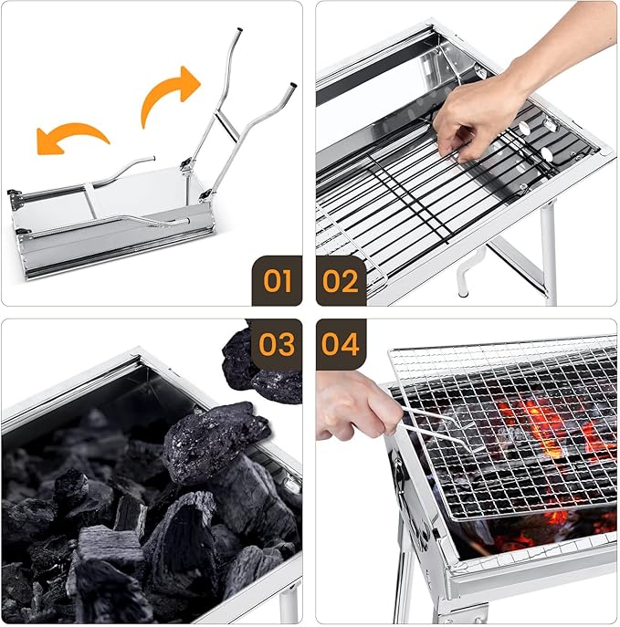 Uten Portable Charcoal Grill, Stainless Steel Folding BBQ Grill and Smoker, Barbecue Grill for Outdoor Cooking Camping Hiking Picnics Garden Beach Party BBQ Tools (Large)
