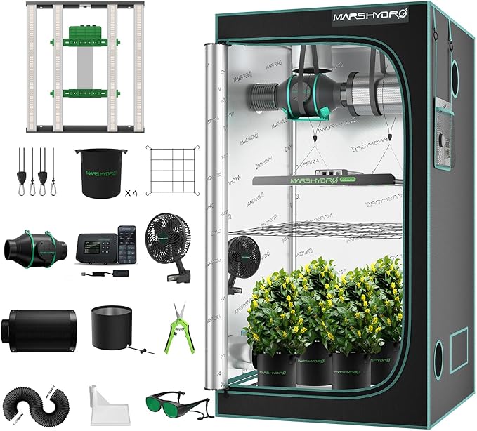 Mars Hydro 3x3 Smart Grow Tent Kit Complete System with Smart Controller 43,FC-E3000 APP Control Dimmable 1184Pcs Grow Light,1680D High Reflective Mylar,4inch Customized Ventilation System