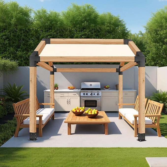 VEVOR Pergola Kit, 4x4 Inch Pointed-Roof Pergola Brackets for 3.5x3.5 in Lumbers in Actual Size, 3-Way / 4-Way Gazebo Bracket with Post Bases & Ridge Brackets for Outdoor Pergolas Gazebo Shed, 14 Pcs