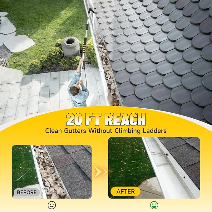 12ft (20ft Reach) Gutter Cleaning Tools from The Ground, Telescoping Rain Gutter Cleaner Tool, 270° Rotatable Gutters Cleaning Wand, Gutters Cleaning Hose Attachment & Connection Adapter