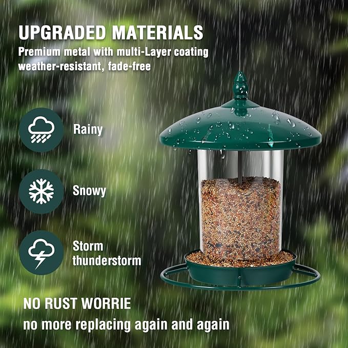 Metal Bird Feeder for Outdoors Hanging,3.0LB Seed Feeder,Easy to Fill & Clean,360° Feeding,Chew Proof Weatherproof Roof for Gardens and Wild Birds,Green