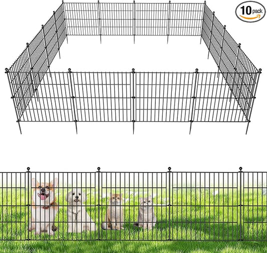 10 Panels No Dig Decorative Outdoor Garden Fence for Yard, 24 in(H) X 20 ft(L) Animal Barrier Fencing Rustproof Metal Wire Panel Border for Dog, Rabbits, and Patio Temporary Ground Stakes