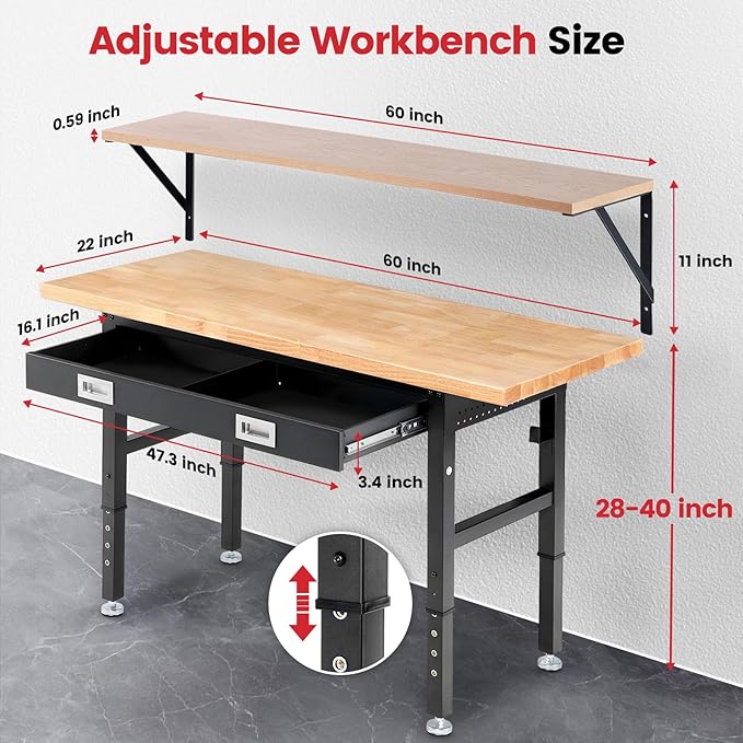 Work Bench with Shelf Bracket 60 Inch Heavy Duty Rubberwood Tabletop Workbench for Garage Adjustable Height Work Table with Drawers, Power Outlets for Woodworking, Home, Office, Workshop