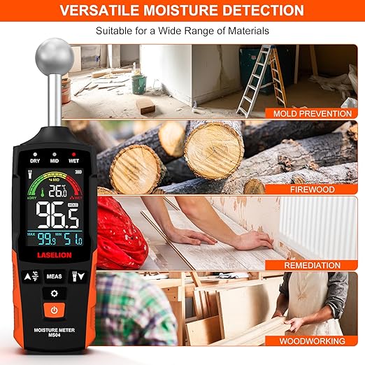 MS04 Pinless Moisture Meter with Ball Probe for Non-Destructive Area Scans Ideal for Wood Walls and Construction Materials Customizable Humidity Alarms Built-in Flashlight