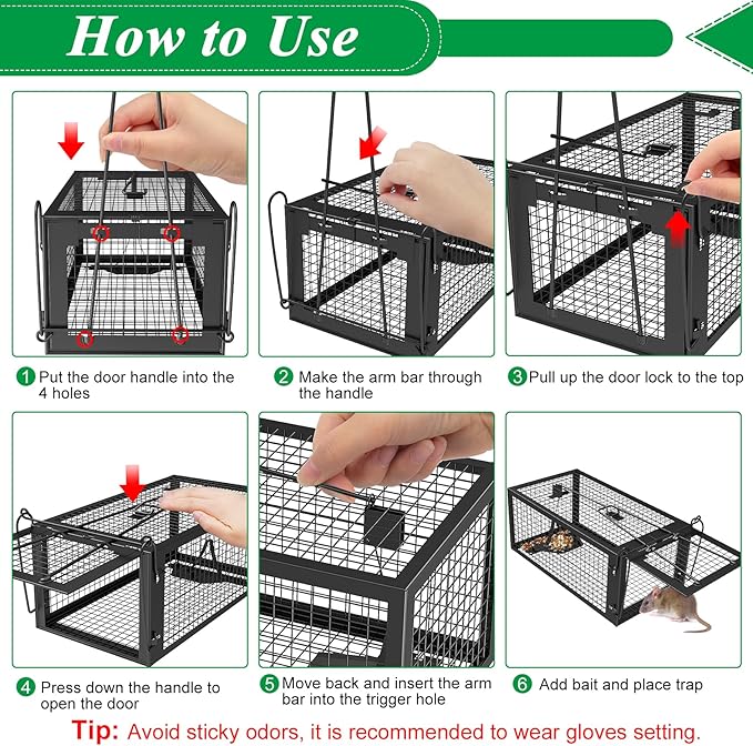 2 Packs Humane Rat Trap Outdoor Mouse Traps Indoor Use, Rodent Chipmunk Traps for Small Live Animal Catch and Release - Black