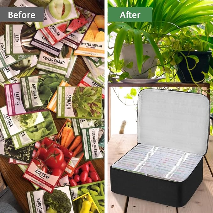 26 Slots Seed Storage Organizer Box with Insulated Bag That Holds 80-200 Seed Envelopes, Oxford Cloth Garden Seed Containers with Labels, Seed Packet Organizer for Plant, Flower ,Vegetable Seeds