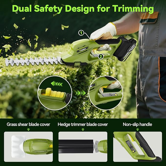 Hedge Trimmer Cordless, 2 in 1 Handheld Hedge Shears Electric Hedge Trimmer with 2 Pack 20V Rechargeable Battery and Charger Included, Small Grass Trimmer Garden Tools for Tree, Garden, Lawn, Yard