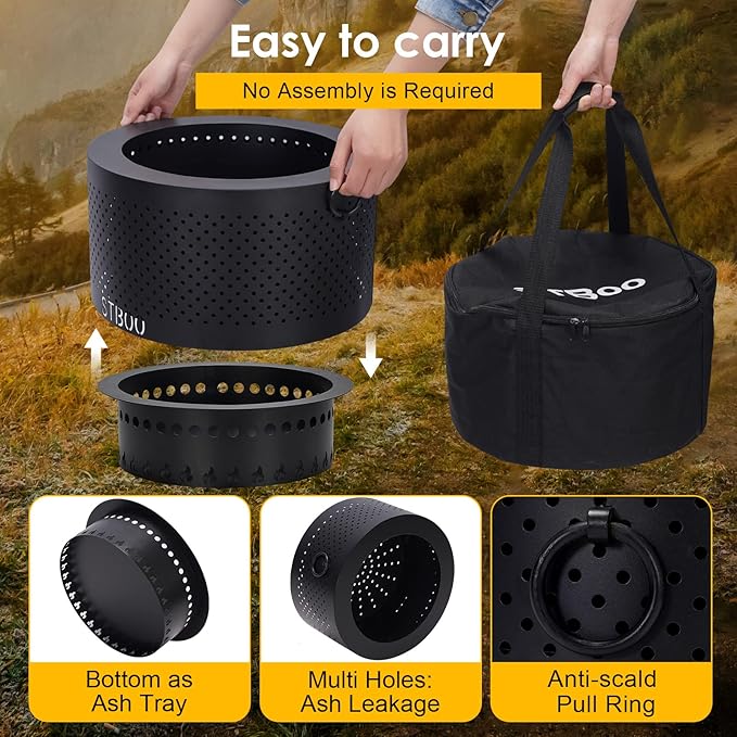 STBoo Pellet Fire Pit for Outside with Portable Carrying Storage Bag, 15x11Inch Smokeless Fire Pits Outdoor Wood Burning, Low Smoke Camping Stove for Bonfire Picnic Backyard Cooking on Beach, Black, M