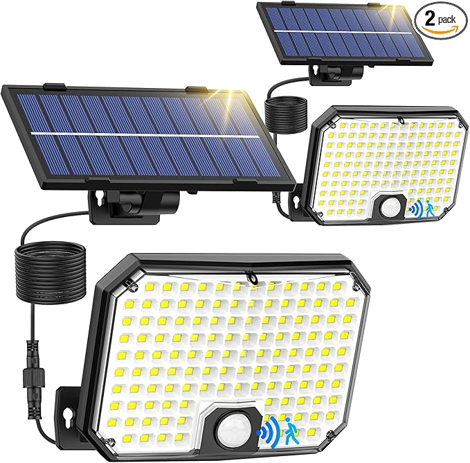 Solar Outdoor Lights, Motion Sensor Dusk to Dawn Wall Lights Waterproof, LED Outside Solar Powered Security Flood Light Fixtures 3 Modes with 16FT Cable for Front Door Porch Shed Barn Garage, 2 Packs