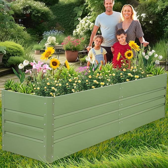 1MORE Raised Garden Bed- 8x2x1.8ft Planter Garden Boxes Outdoor, Raised Beds for Gardening, Large Metal Garden Bed Kit for Vegetables Flower, Deep Root Planter Raised Beds with Tools.Green