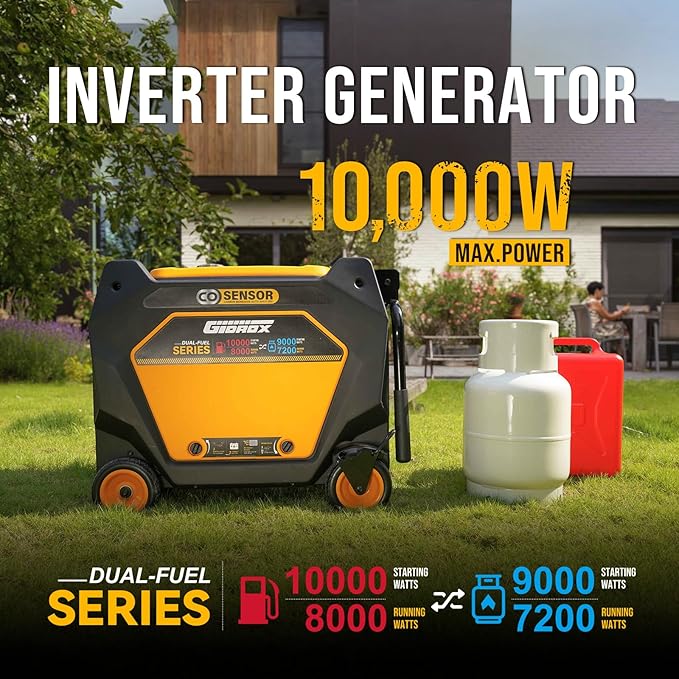 10000W Dual Fuel Inverter Generator, Gasoline or Propane Powered Portable Generator, ATS Ready, 50A Ultra Outlet, Remote Start, CO Sensor, ECO Mode, Super Quiet for Home Backup & RV Use