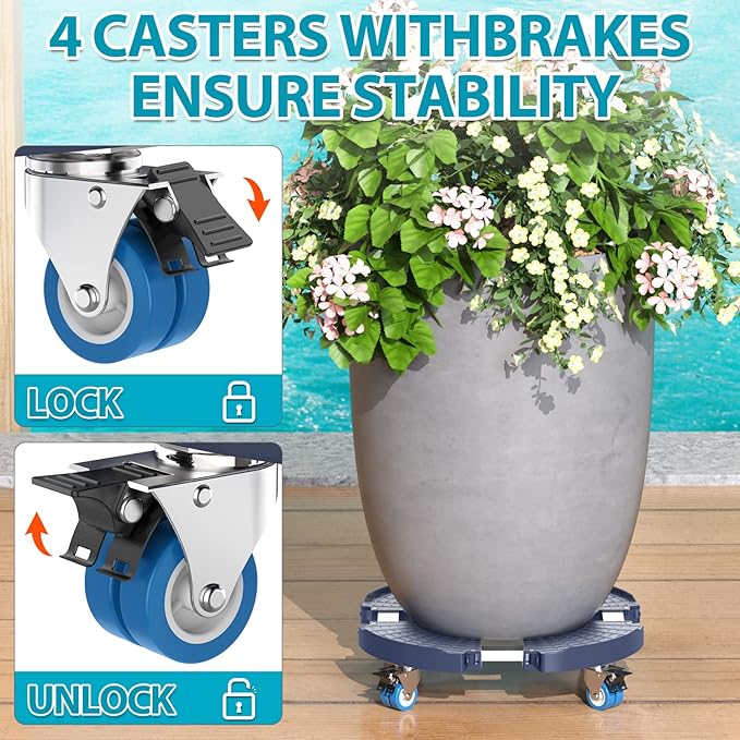 VANCASTLE Plant Caddy with Lockable Wheels Heavy Duty 450lbs Capacity, 15-22 Inch Adjustable Plant Stand with Wheels Rolling base, Plant Dolly for Flower Pot Mover Indoor Outdoor, Blue, 2 Pack