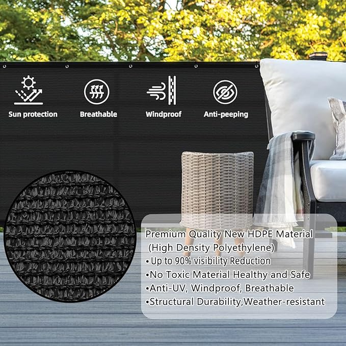SUNLAX 3'x10' Black Balcony Privacy Screen Fence Windscreen Cover Fabric Shade Netting Mesh Cloth with Grommets UV Protection for Patio, Backyard, Porch, Railing Shield 90% (We Make Custom Sizes)