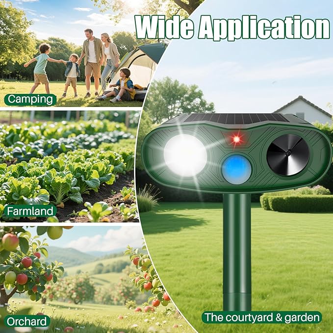 2025 Racoon Squirrel Sonic Fortress Pro Rabbit Repellent Outdoor, Solar Ultrasonic Animal Repeller Deer Deterrent with Motion Sensor&Flash Light to Scare Cat Dog Skunk Out of Garden Farm Yard(4Pack)