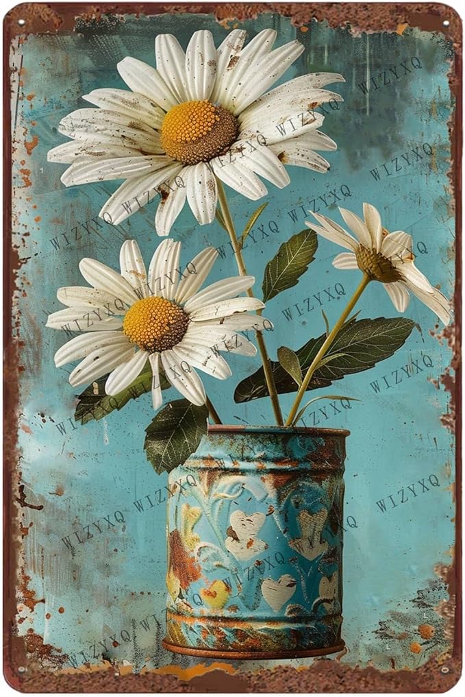Metal Signs White Daisy Flower Vintage Metal Tin Sign for Home Office Kitchen Bar Cafe Garden Farmhouse Wall Decor 12x8 Inch