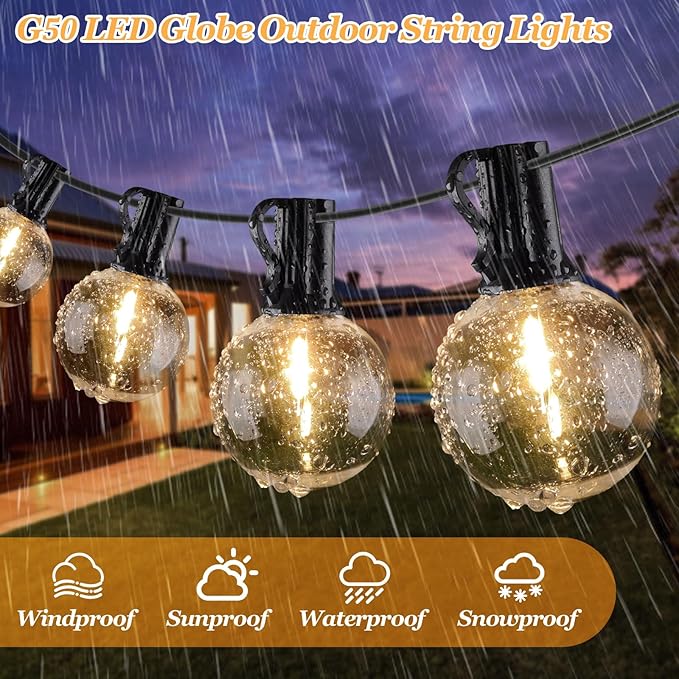 100ft Outdoor G50 LED Globe String Lights Dimmable Waterproof Shatterproof Light Strings with 52 Bulbs Connectable Commercial Hanging Lights for Christmas Patio House Backyard Balcony Party