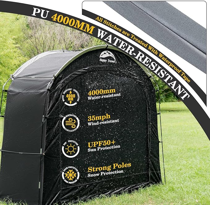 Happy Travel Bike Storage Shed Tent, Waterproof Portable Bicycle Cover with 30% More Top Storage Space for 2/3/4/5 Bikes,Clips Easy Setup Outdoor Sheds Shelter for Motorcycle, Garden Tools, Lawn Mower
