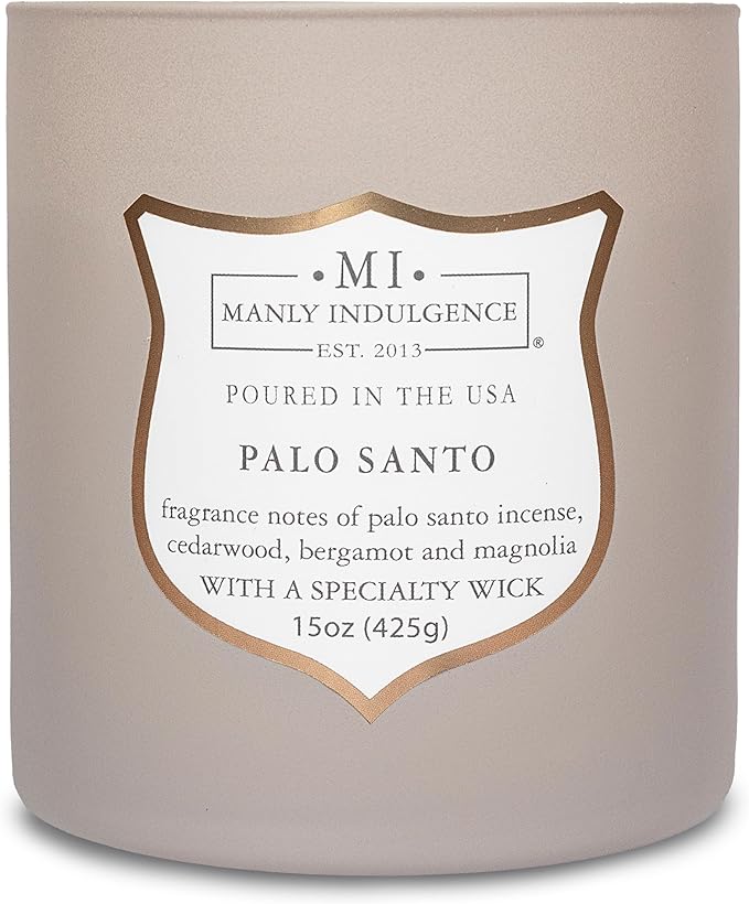 Manly Indulgence Palo Santo Scented Candles for Men, 15 oz Wooden Wick, Premium Soy Blend Wax, 60H Burn, Candles for Home Scented - Made in The USA