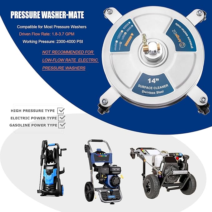 14" Pressure Washer Surface Cleaner with 4 Wheels, 1/4" Quick Connect Plug, Sturdy Stainless Steel Power Washer Attachment for Concrete Driveway, Min Flow Rate 1.8 GPM, Max 4000 PSI (Silver)