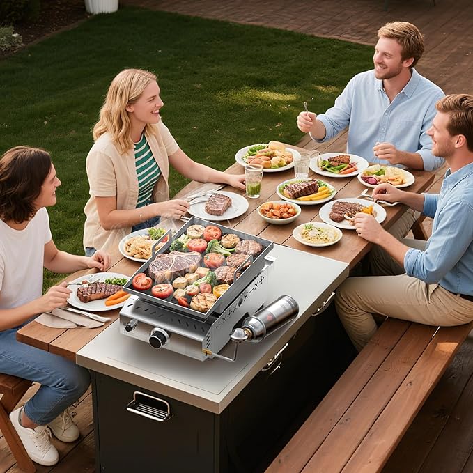 Stainless Steel Tabletop Grill,18 Inch Portable Propane Grill Griddle with Handle,8000 BTU Flat Top Grill for Camping, Outdoor & Tailgating Barbecue