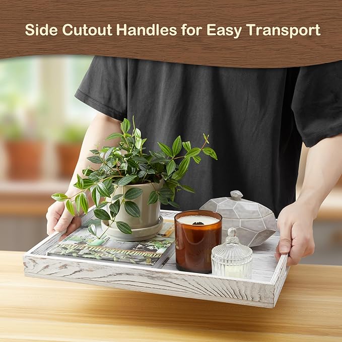 17 Inch White Serving Tray with Handles, Large Wooden Tray for Ottoman, Breakfast in Bed, Coffee Table, Dinner, Rectangular Wood Tray for Living Room Bedroom Entryway and Kitchen