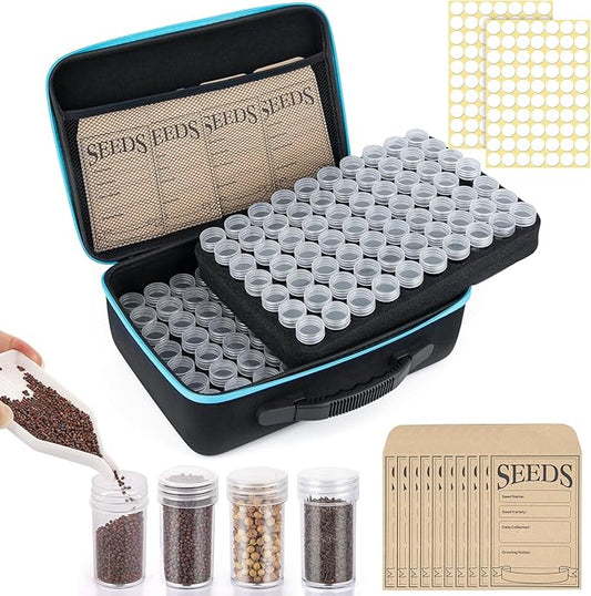 140 Slots Seed Organizer Storage Box with 20PCS Seed Envelopes, Premium Seed Containers for Various Sizes Vegetable and Flower Garden Seeds, Gardening Seed Keeper Set with Useful Accessories (Blue)
