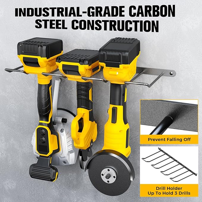 Power Tool Organizer Wall Mount with Extra Drill Holder, Yellow & Black Garage Storage Combo with Battery Storage, 4 Drill Slots Total, Heavy Duty Steel Tool Rack for Workshop Garage