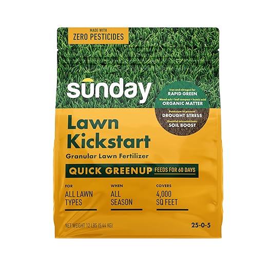 Sunday Lawn Kickstart Granular Fertilizer, 25-0-4, 12 lbs - Fast Green-Up & Soil Enrichment Lawn Fertilizer - Dual-Action Nitrogen & Iron for Up to 60 Days of Rapid Growth - Covers Up to 4,000 Sq Ft