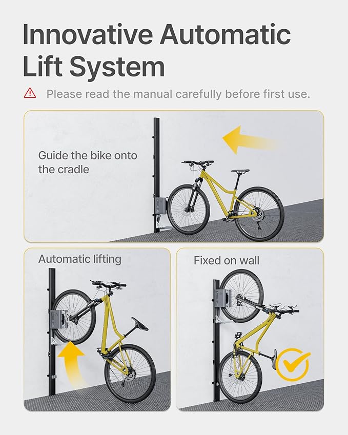 monTEK Automatic Lift EBike Rack – Fits 24-29" Tires, Heavy-Duty Vertical Wall Rack for Bicycles (Up to 71 lbs) - Effortless Lifting, Easy Install - Space-Saving Storage for Garage, Shed, BG