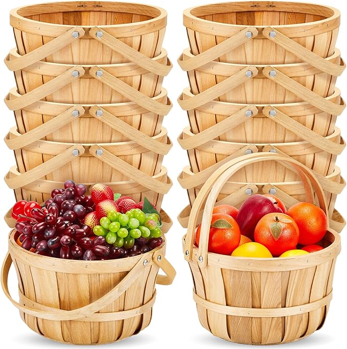 Marsui 10 Pcs Large Wooden Bushel Baskets 11 x 6.5'' Wicker Berry Apple Fruit Bushel Baskets with Handle for Autumn Harvest Garden Storage Farmers Personal or Commercial Use